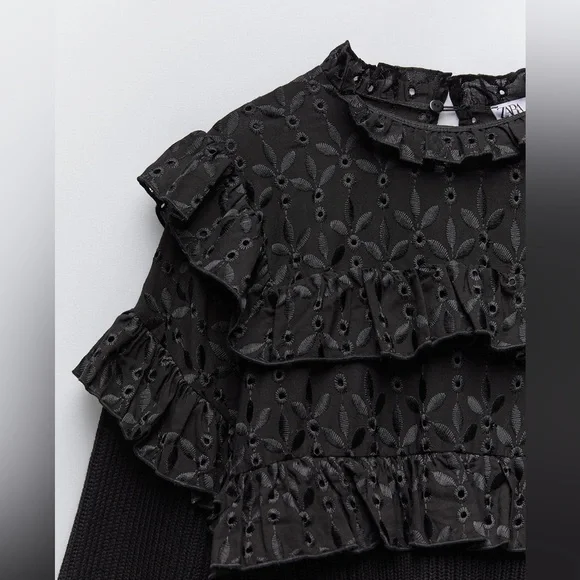 Zara nwt black lace crochet boho bohemian black knitted sweater top - Picture 5 of 7